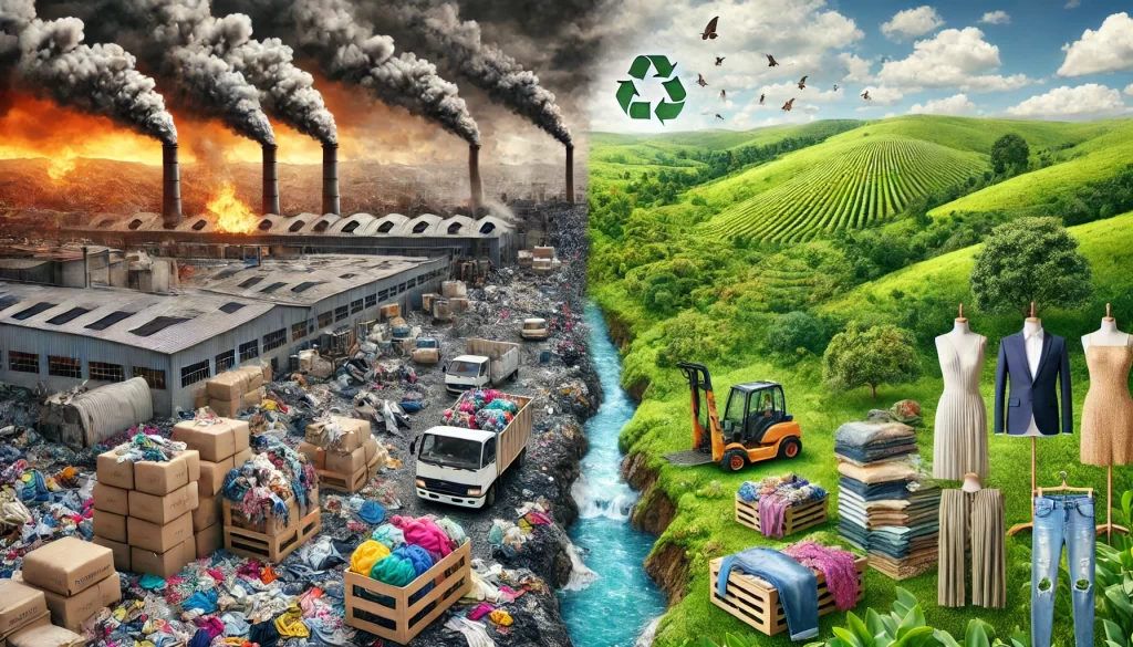 image illustrating the bifurcation of the fashion industry, showing the environmental impact of fast fashion versus sustainable