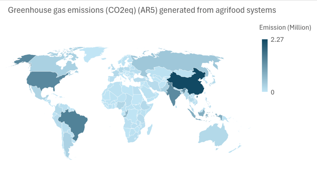 Greenhouse gas emissions CO2eq AR5 from agrifood systems by country world map